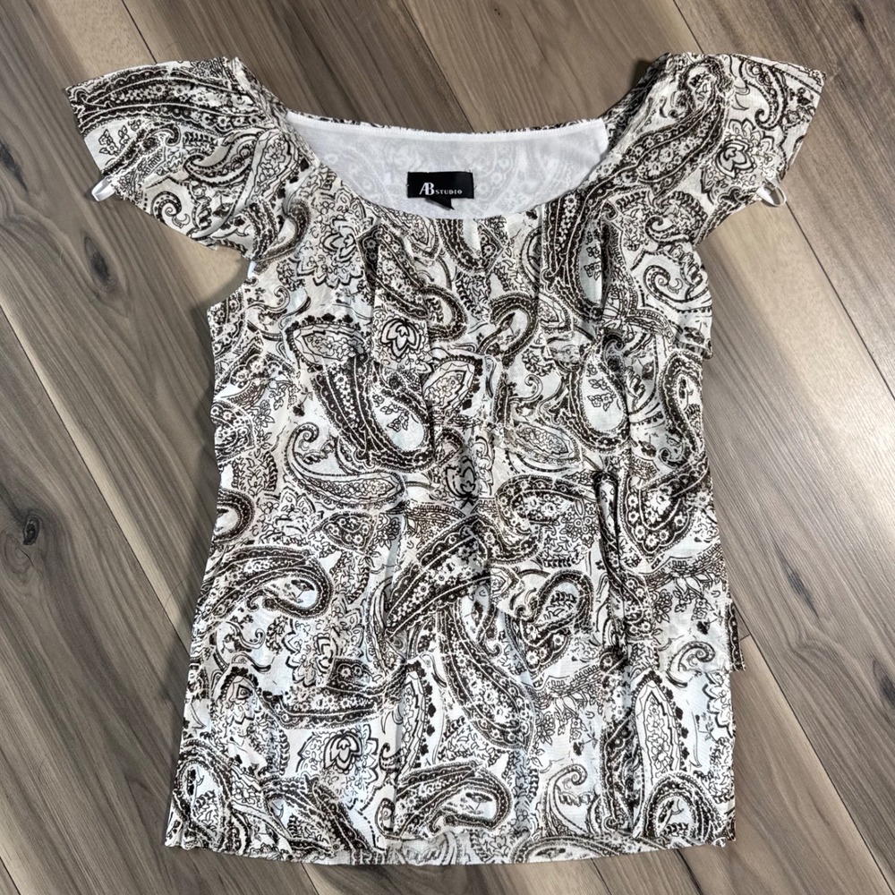 AB Studio Women Brown White Paisley Ruffle Flutter Sleeve Blouse Top Small